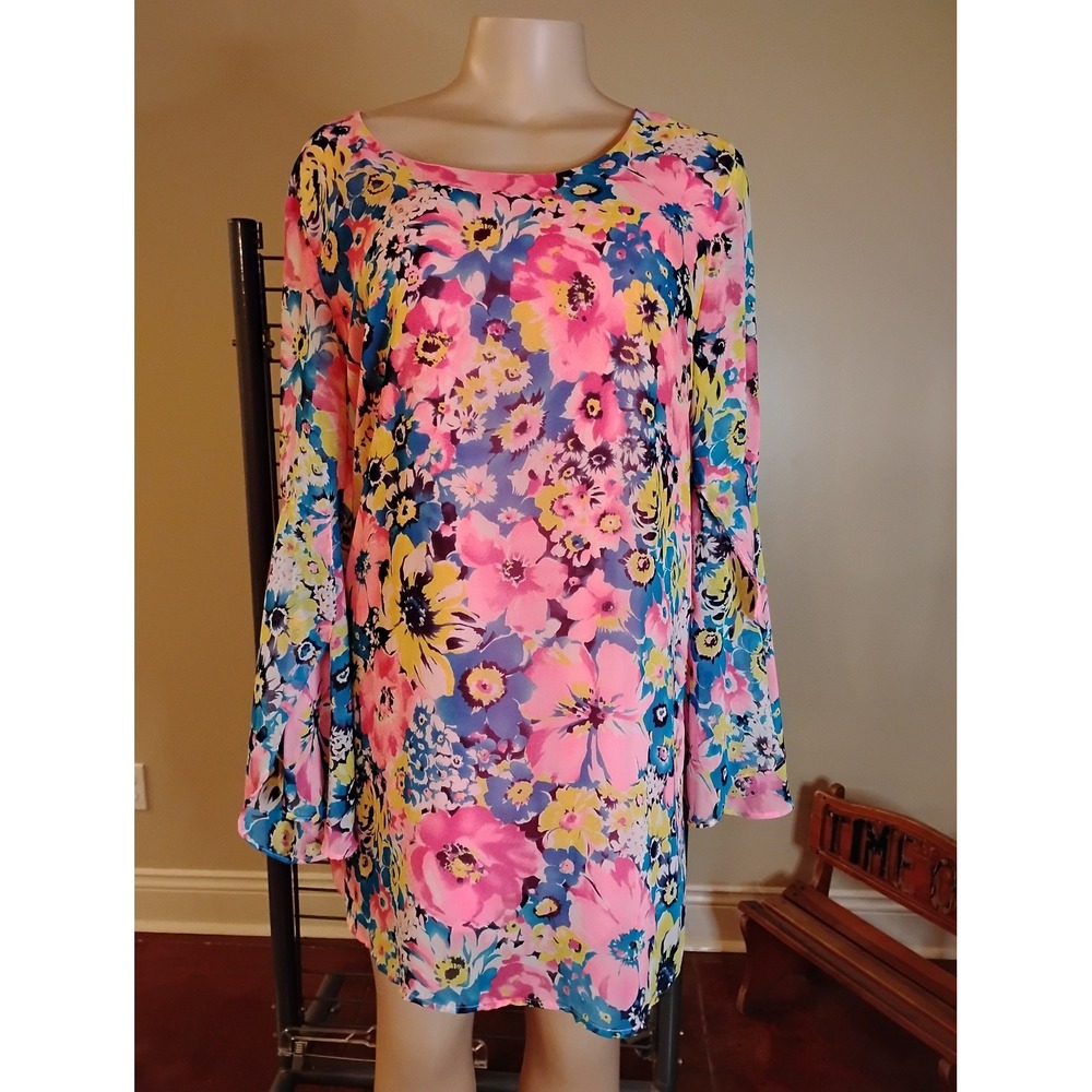 Love‎ Culture Womens Floral Bell Sleeve Shift Dress Pink Blue Yellow MY84730-3 L